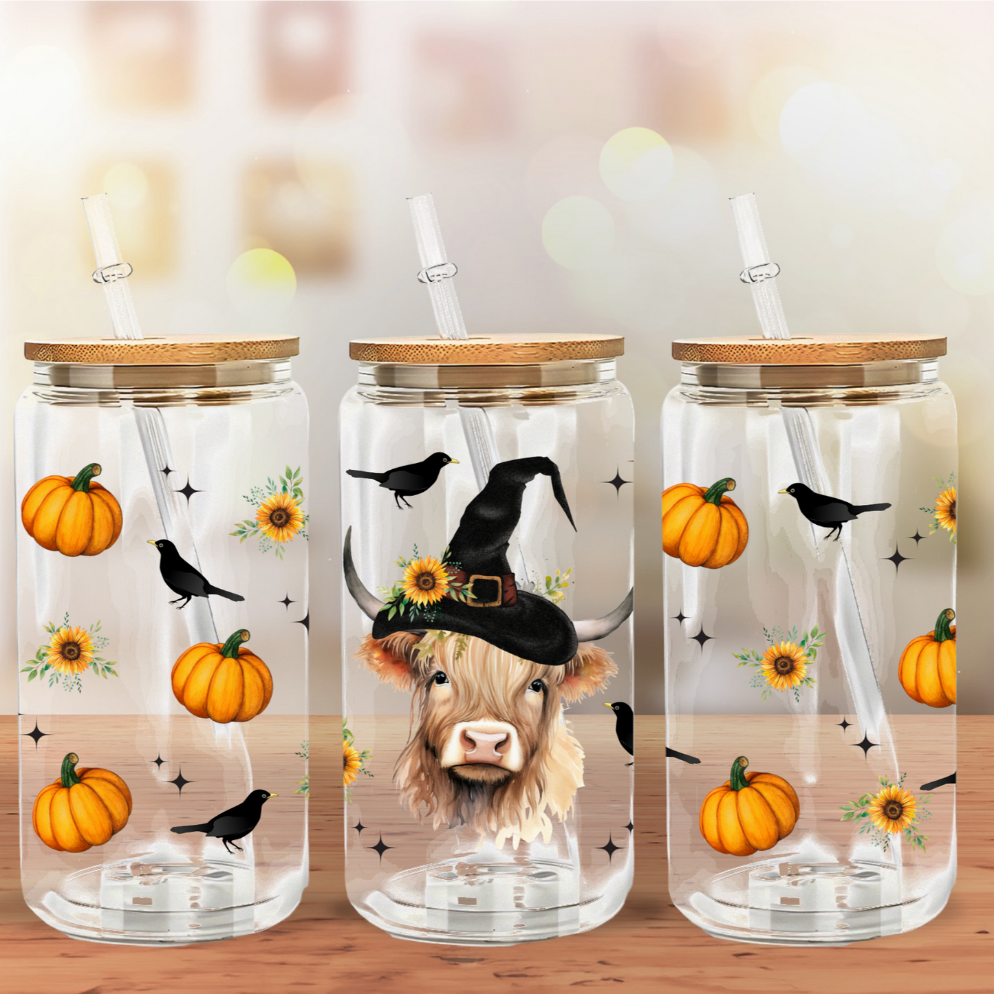 Glass Can- Witchy Highland Cow & Pumpkins