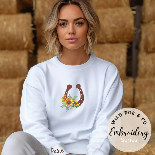 Embroidered Sweatshirt - Horseshoe and Sunflowers