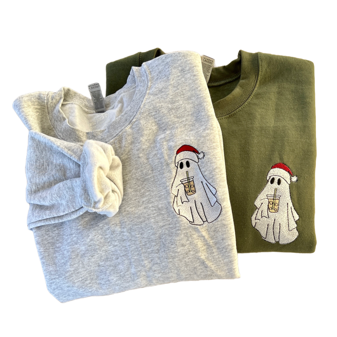 Embroidered Sweatshirt - Holiday Collection Ghost with coffee