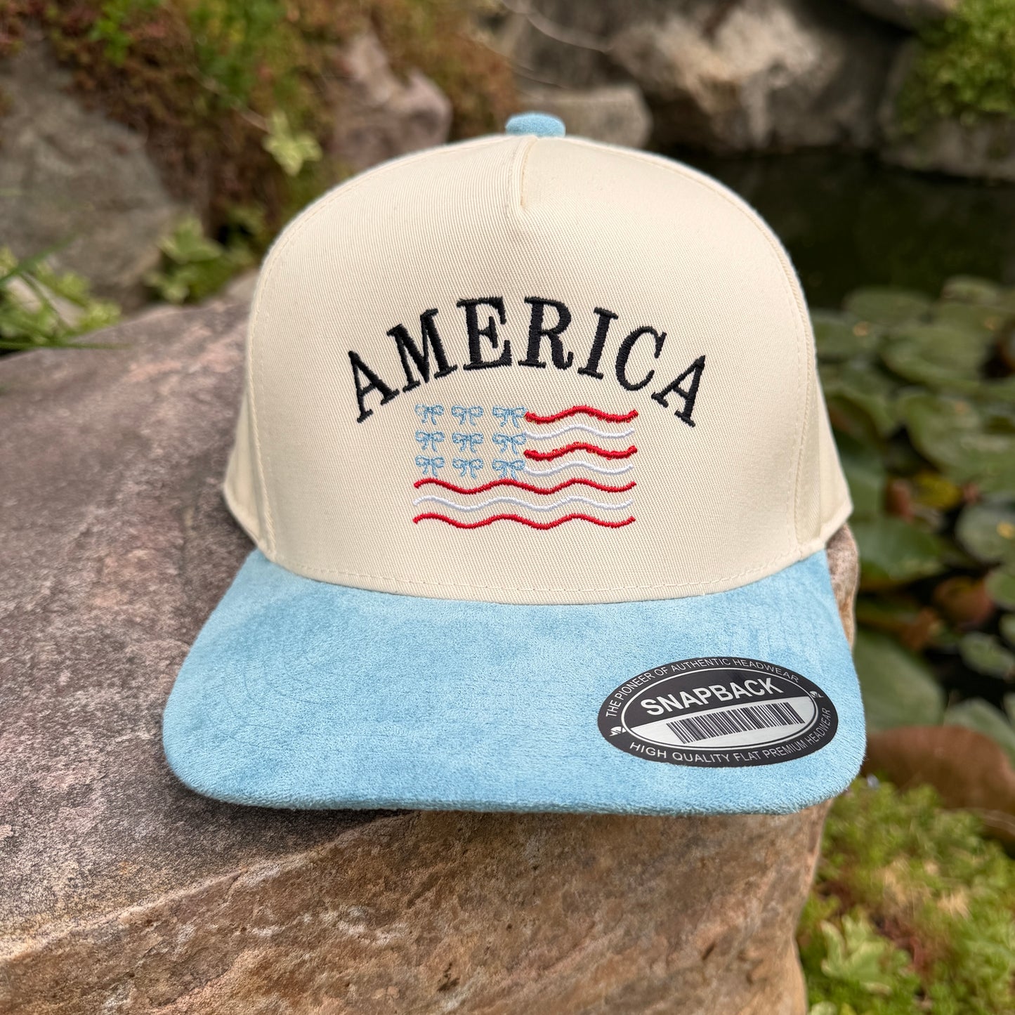 Embroidered Hats- America flag with light blue suede brim