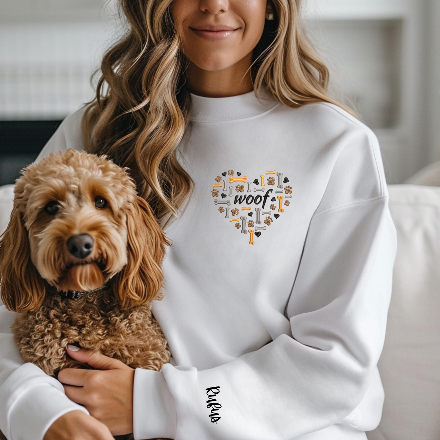 Embroidered Sweatshirt - WOOF dog bones and paws