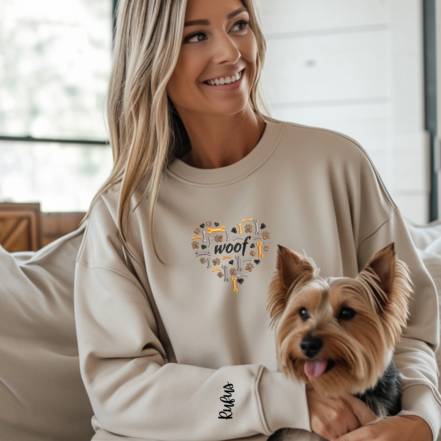 Embroidered Sweatshirt - WOOF dog bones and paws