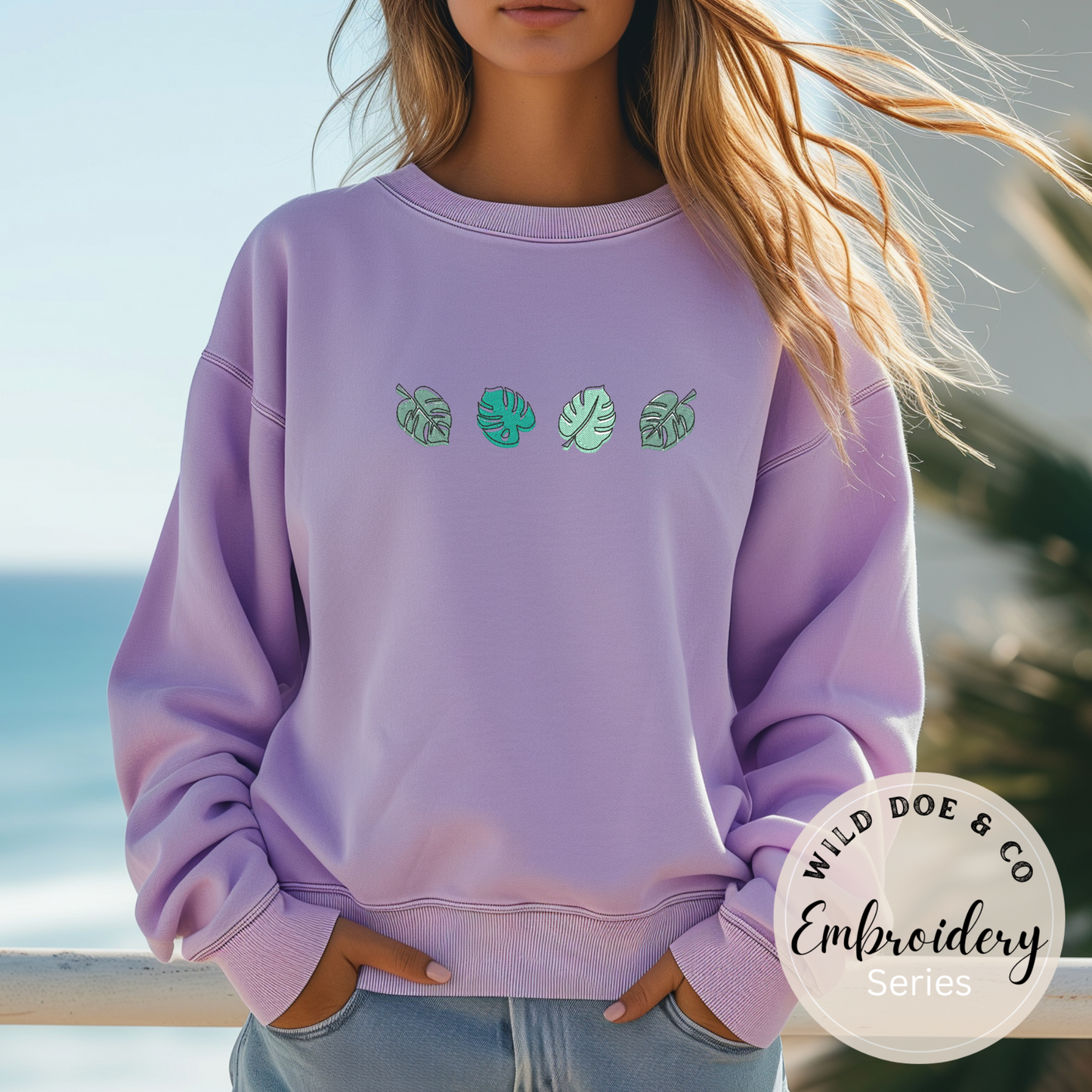 Embroidered Sweatshirt - Monstera leaves