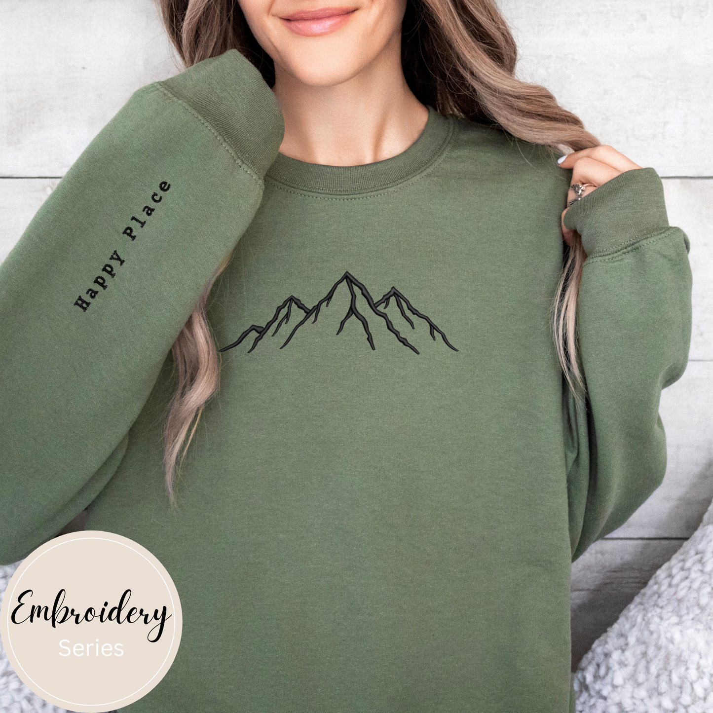 Embroidered Sweatshirt - Mountains Happy Place