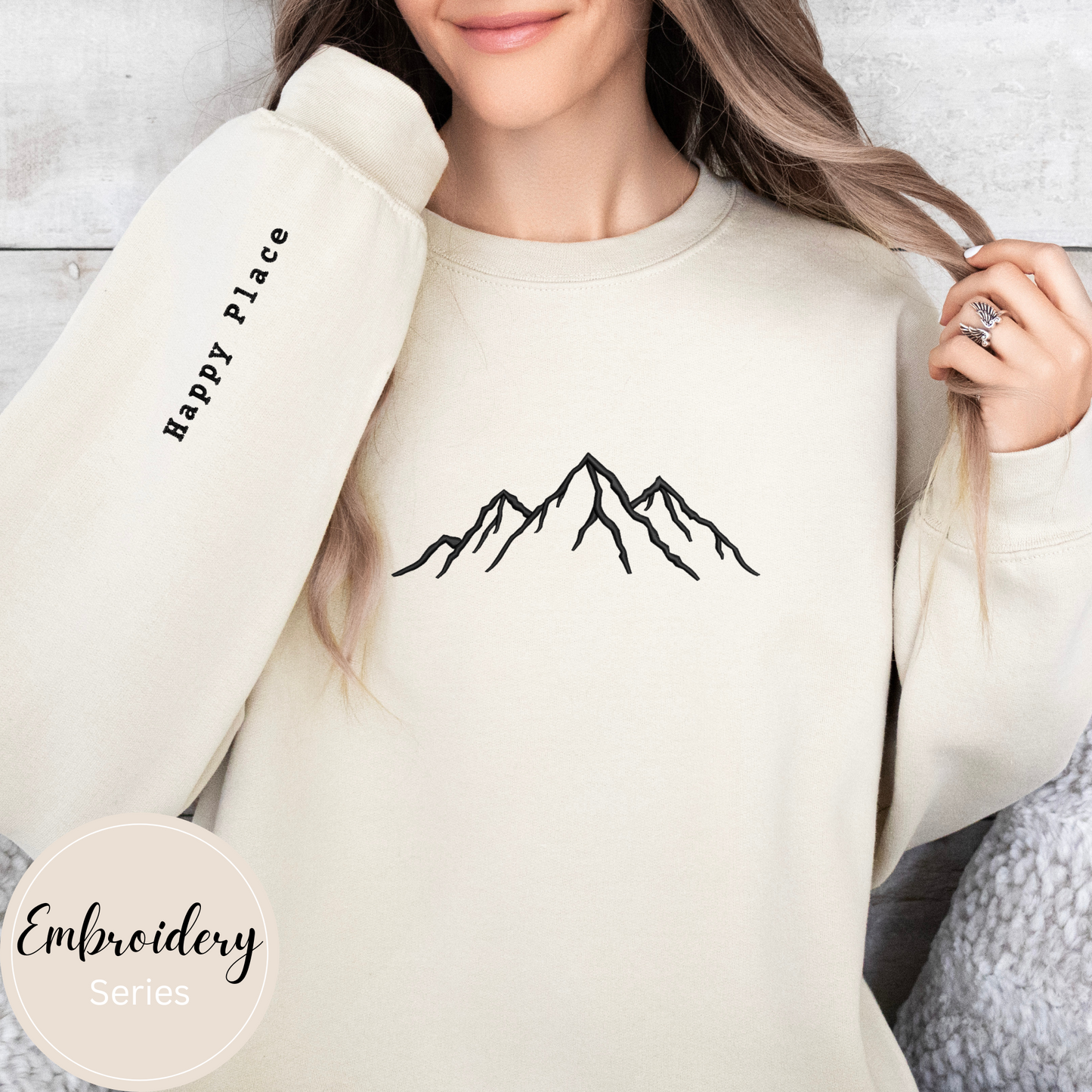 Embroidered Sweatshirt - Mountains Happy Place