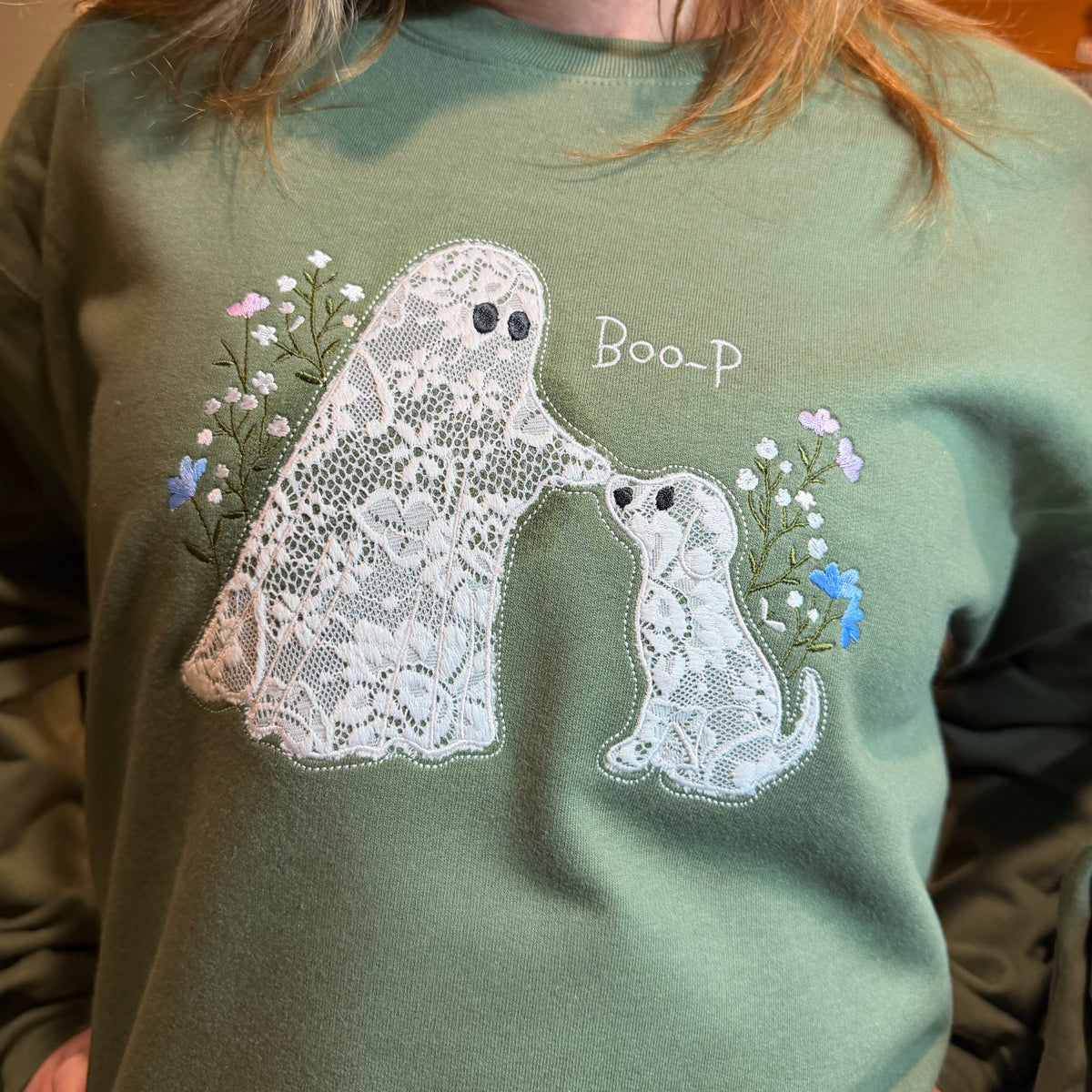 Embroidered Sweatshirt - Lace ghost and dog