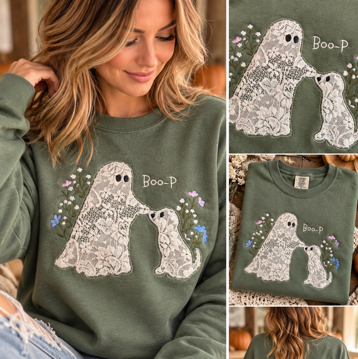 Embroidered Sweatshirt - Lace ghost and dog
