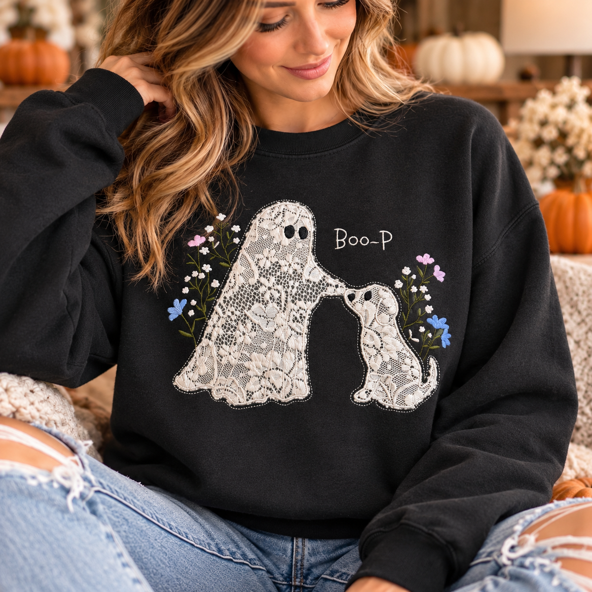 Embroidered Sweatshirt - Lace ghost and dog