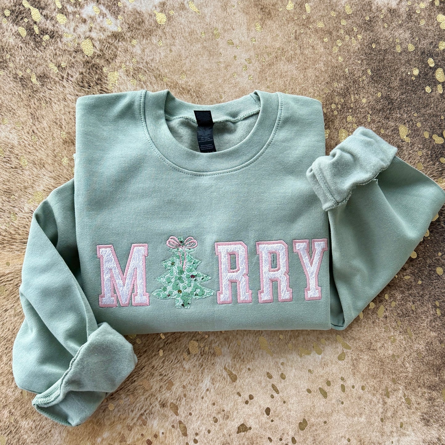 Embroidered Sweatshirt -MERRY Sequin tree and velvet pink letters