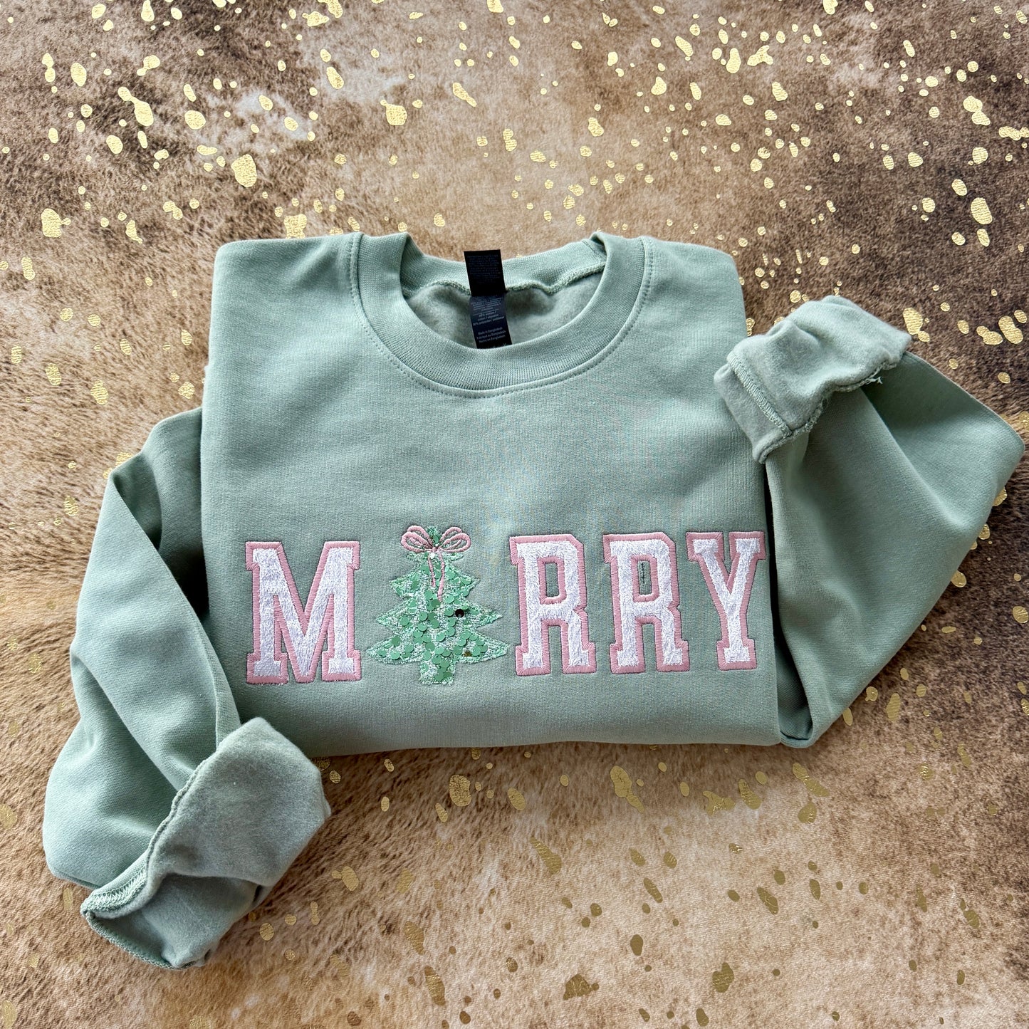 Embroidered Sweatshirt -MERRY Sequin tree and velvet pink letters