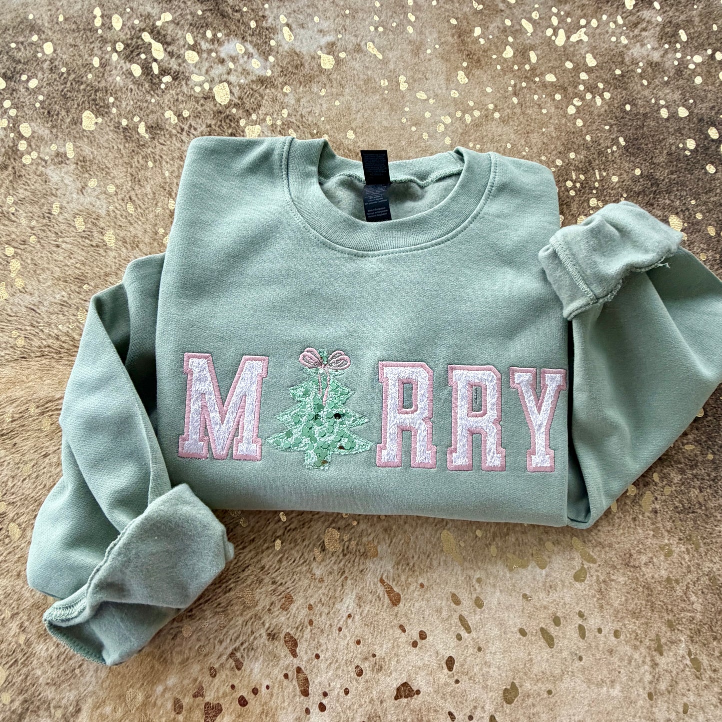 Embroidered Sweatshirt -MERRY Sequin tree and velvet pink letters
