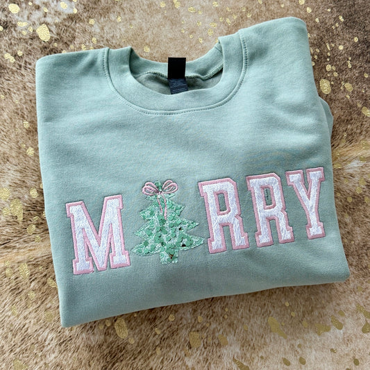Embroidered Sweatshirt -MERRY Sequin tree and velvet pink letters