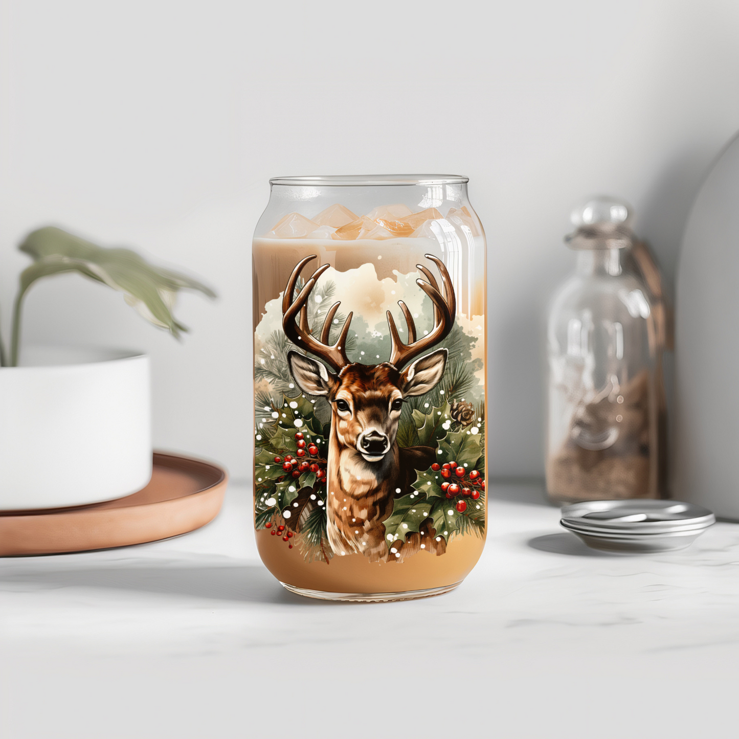 Glass Can- Holly Reindeer