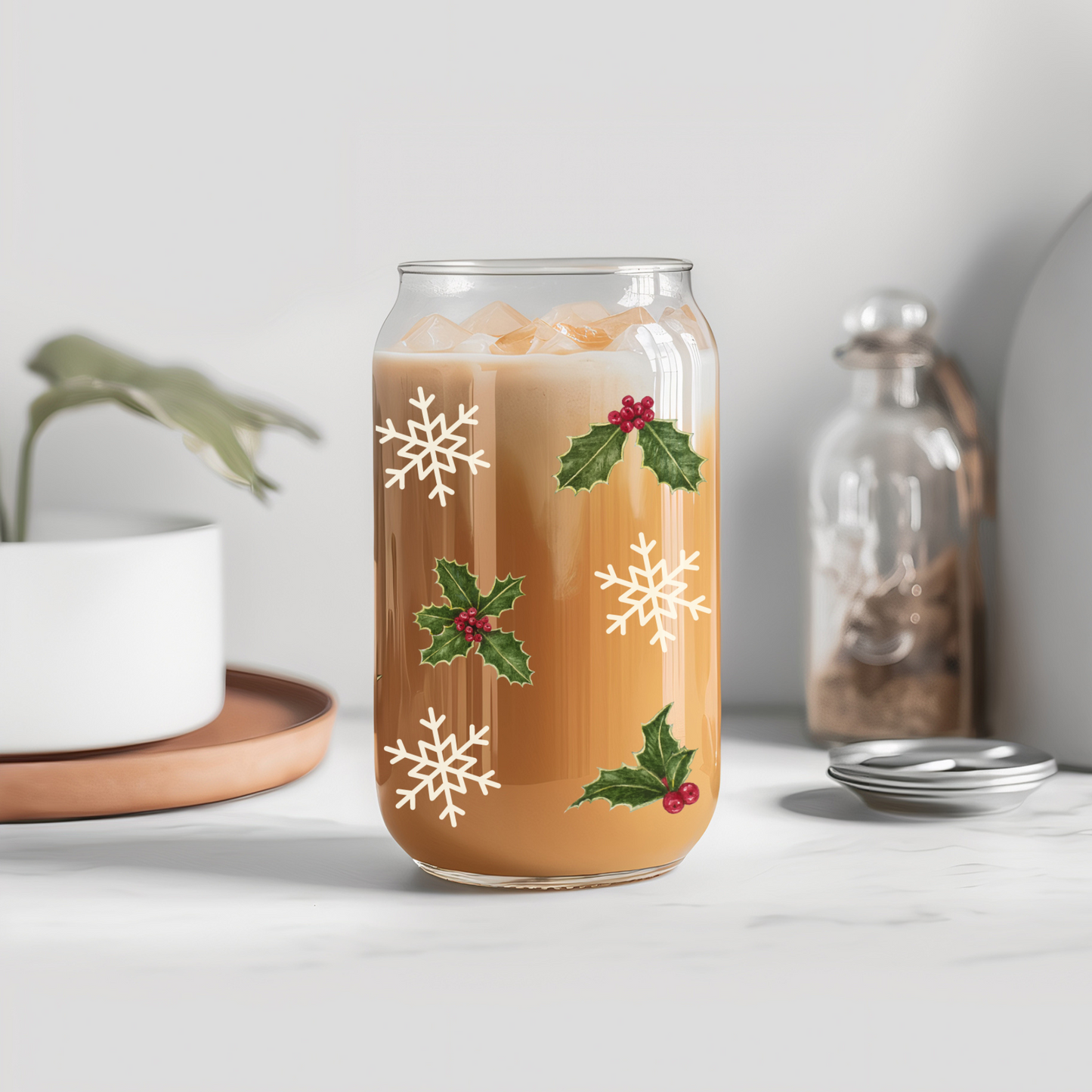 Glass Can- Holly Reindeer