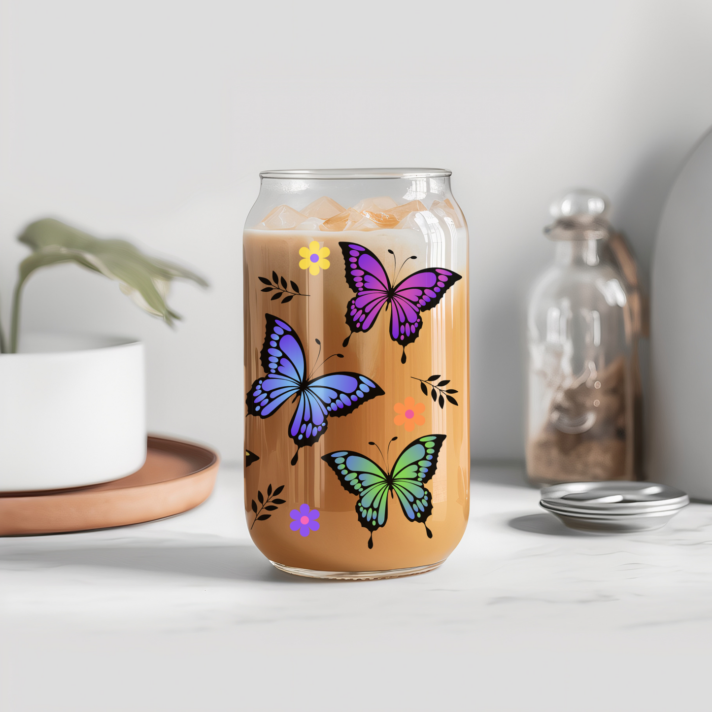 Glass Can- Rainbow butterflies