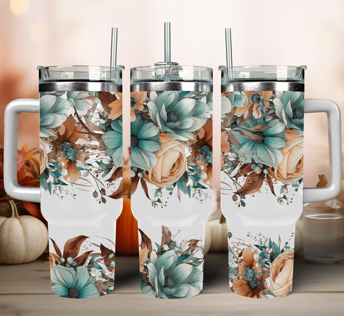 Traveler Tumbler 40 oz- Teal Floral Fox