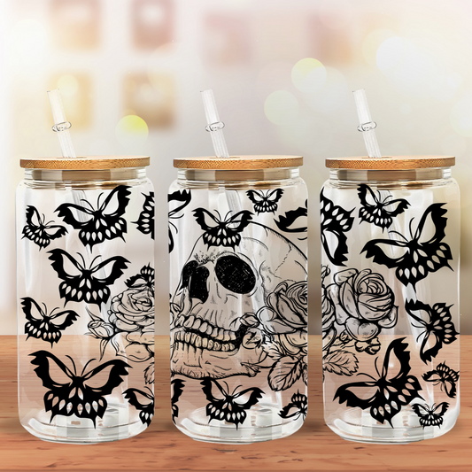 Glass Can- Skull & Butterflies
