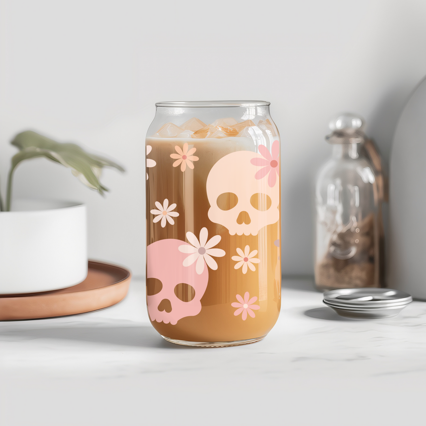 Glass Can- Pink Ombre Daisy Skulls