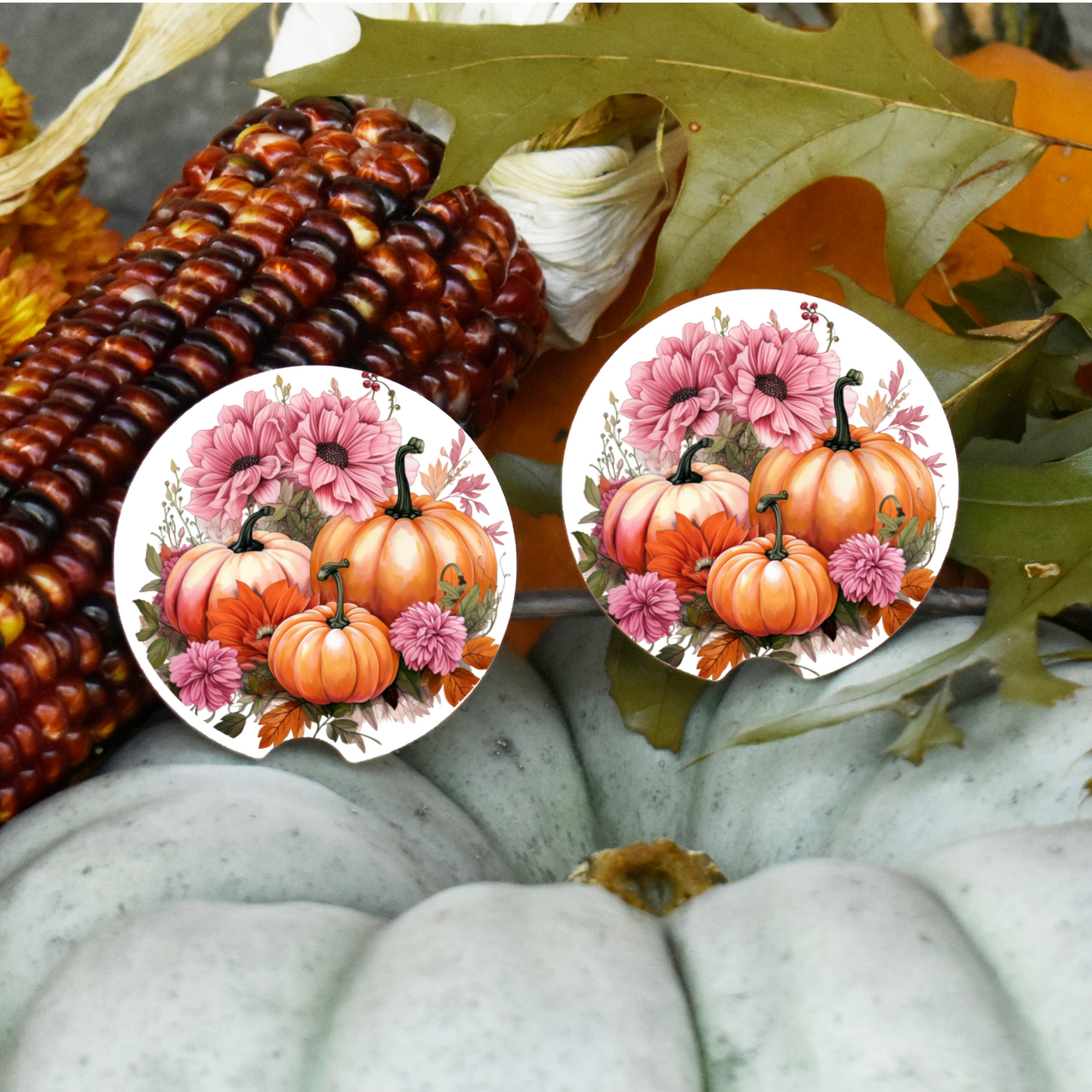 Ceramic Car Coaster Set - Pink Pumpkin & Flowers