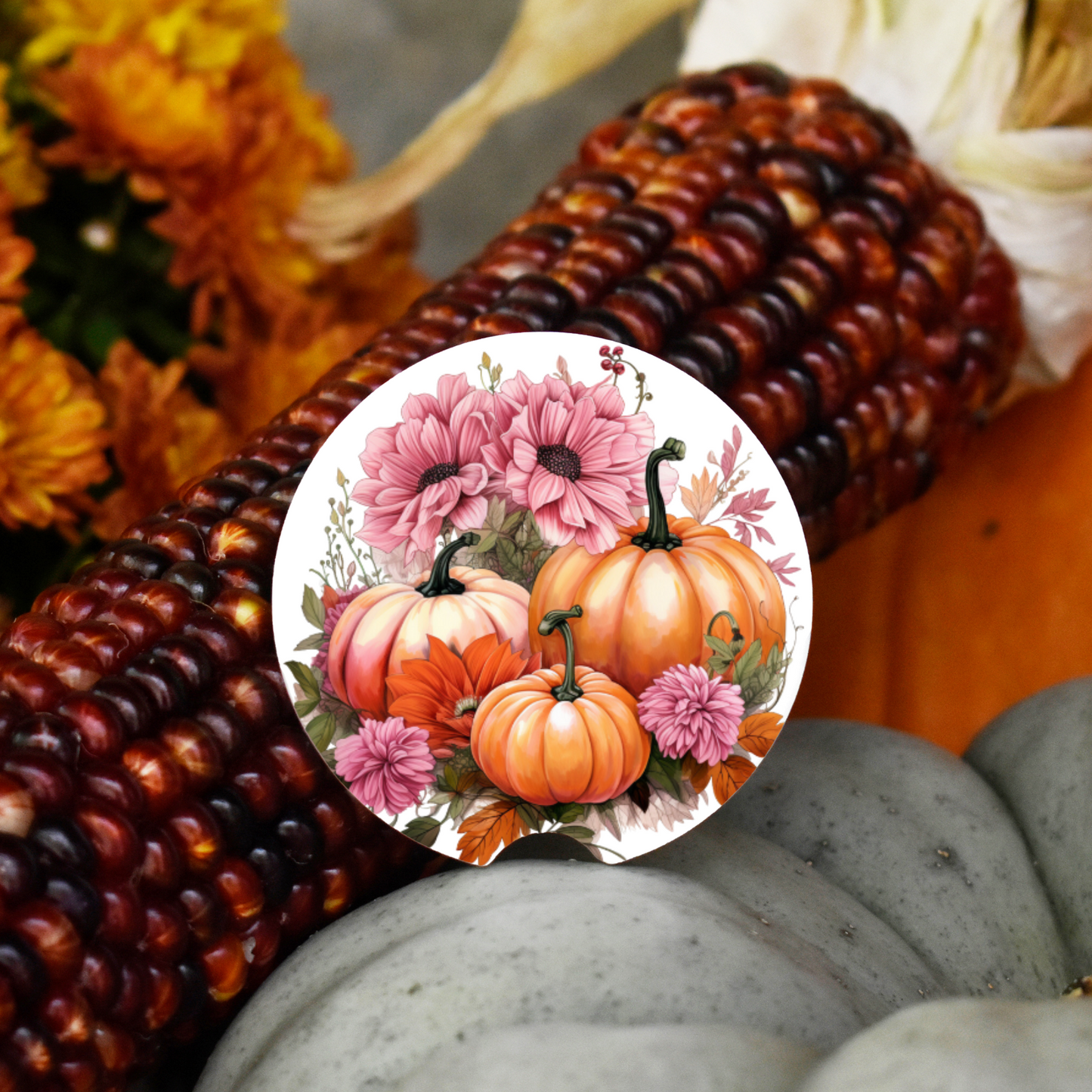 Ceramic Car Coaster Set - Pink Pumpkin & Flowers