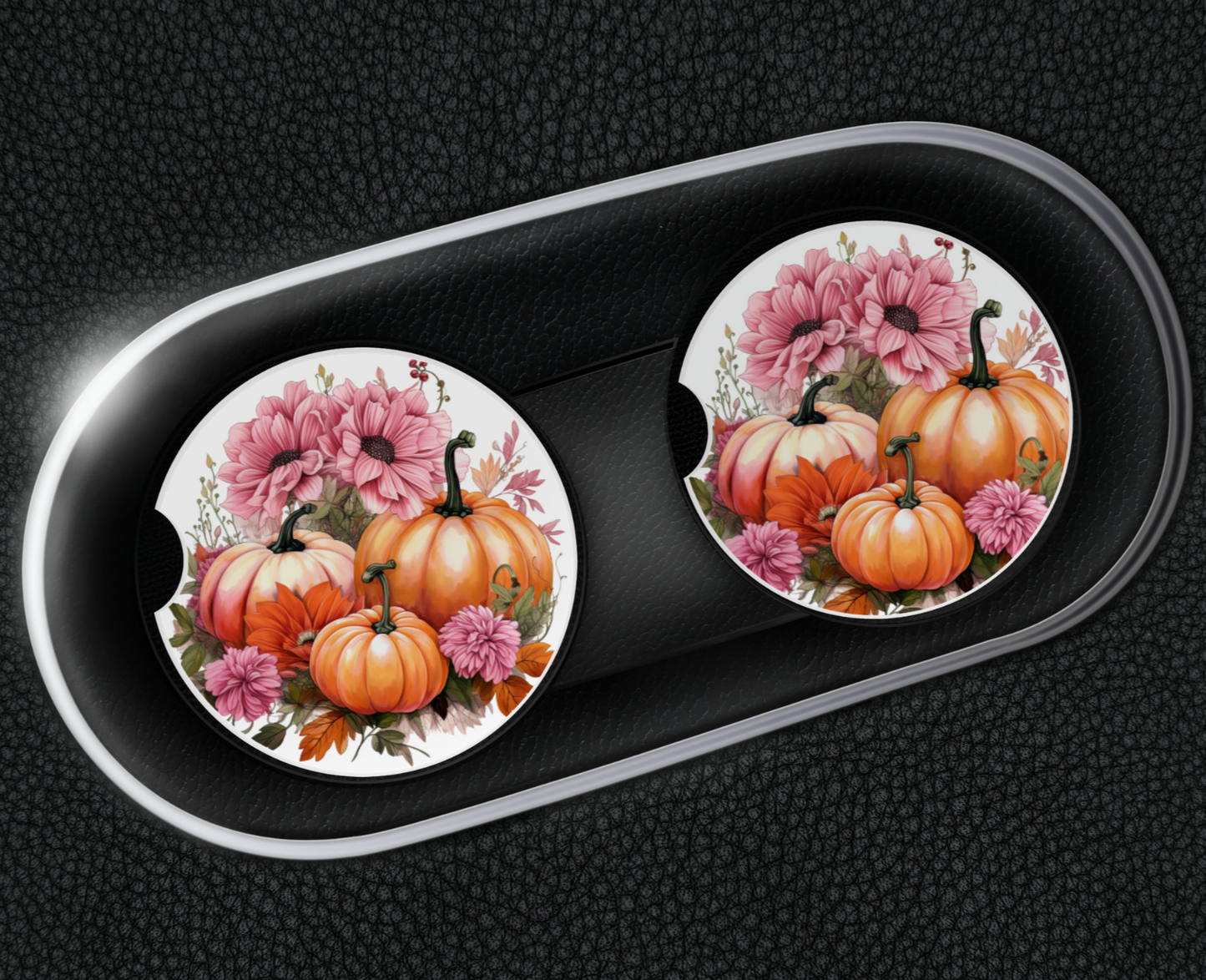 Ceramic Car Coaster Set - Pink Pumpkin & Flowers