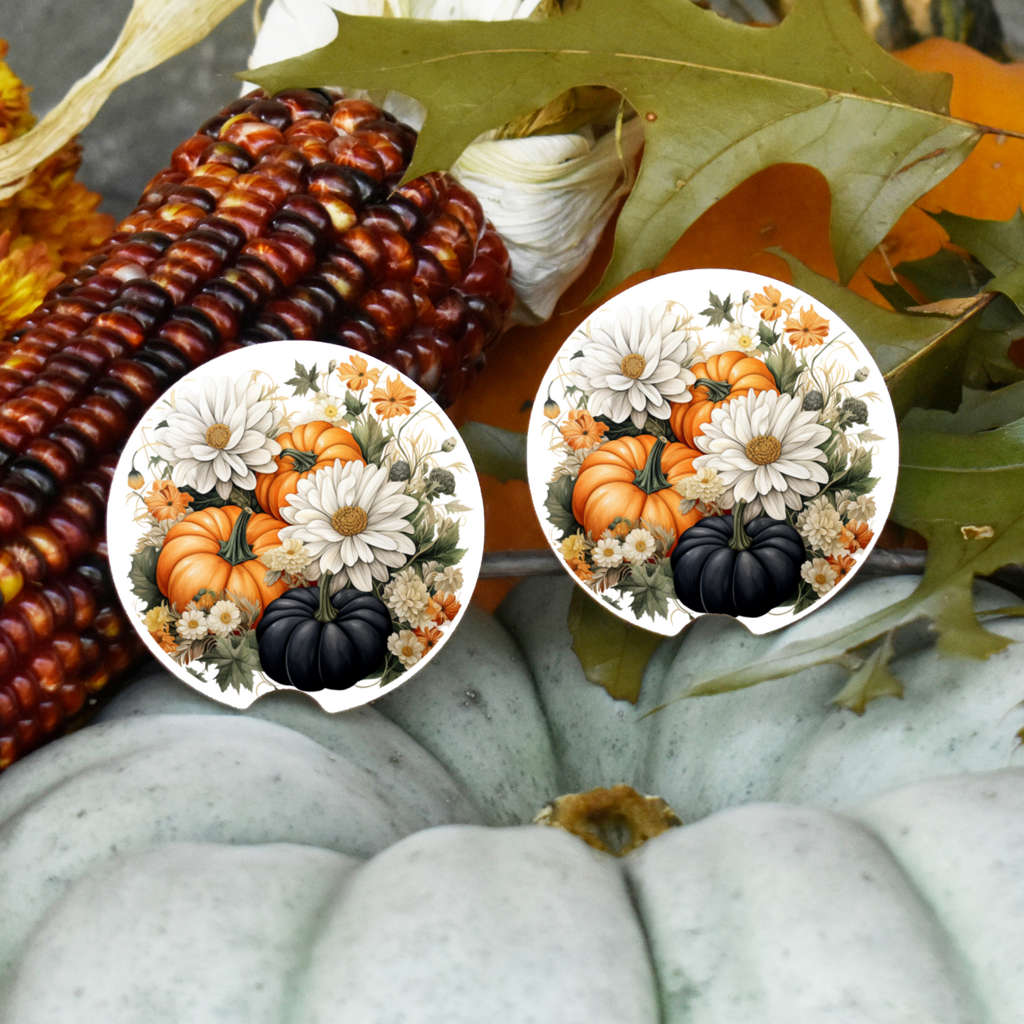 Ceramic Car Coaster Set - Black Pumpkin & Flowers