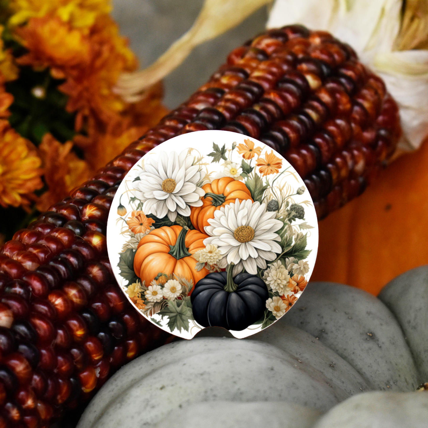 Ceramic Car Coaster Set - Black Pumpkin & Flowers