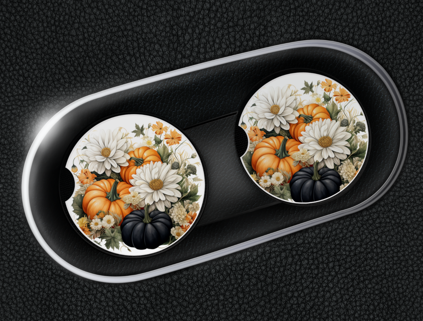 Ceramic Car Coaster Set - Black Pumpkin & Flowers