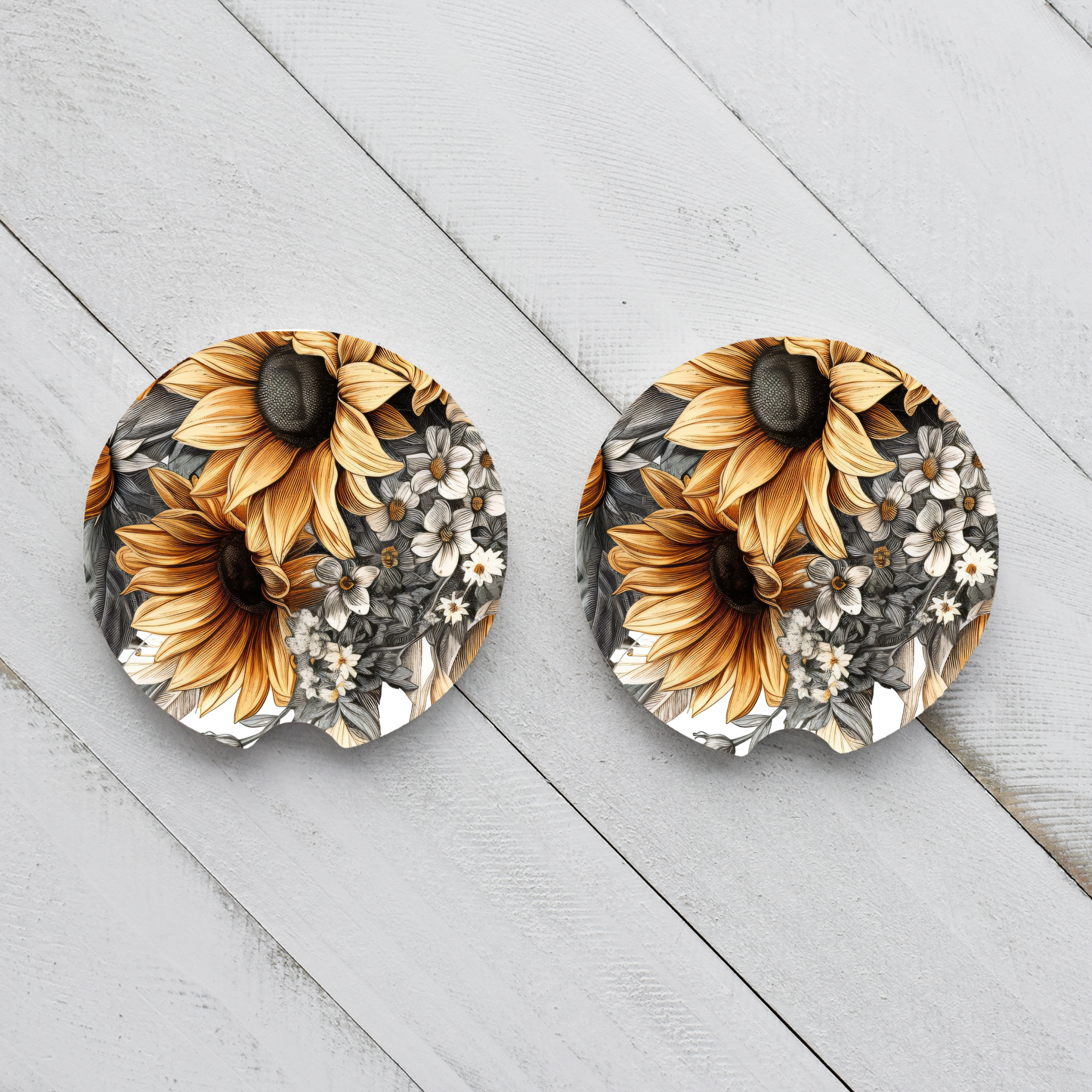 Ceramic Car Coaster Set - Sunflower Nature Garden