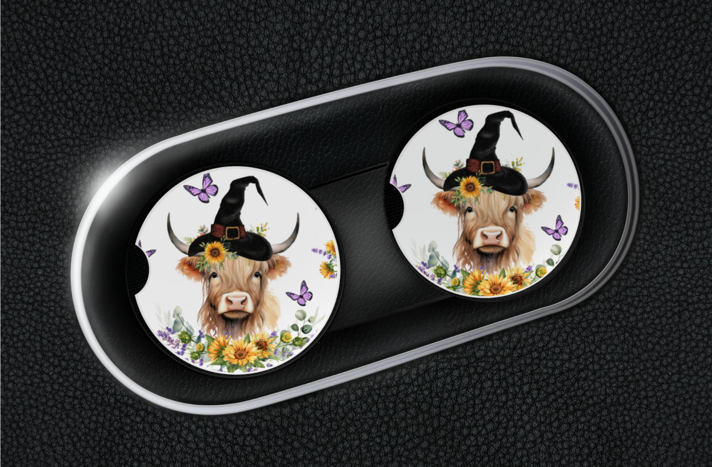 Ceramic Car Coaster Set - Witchy Highlander Cow