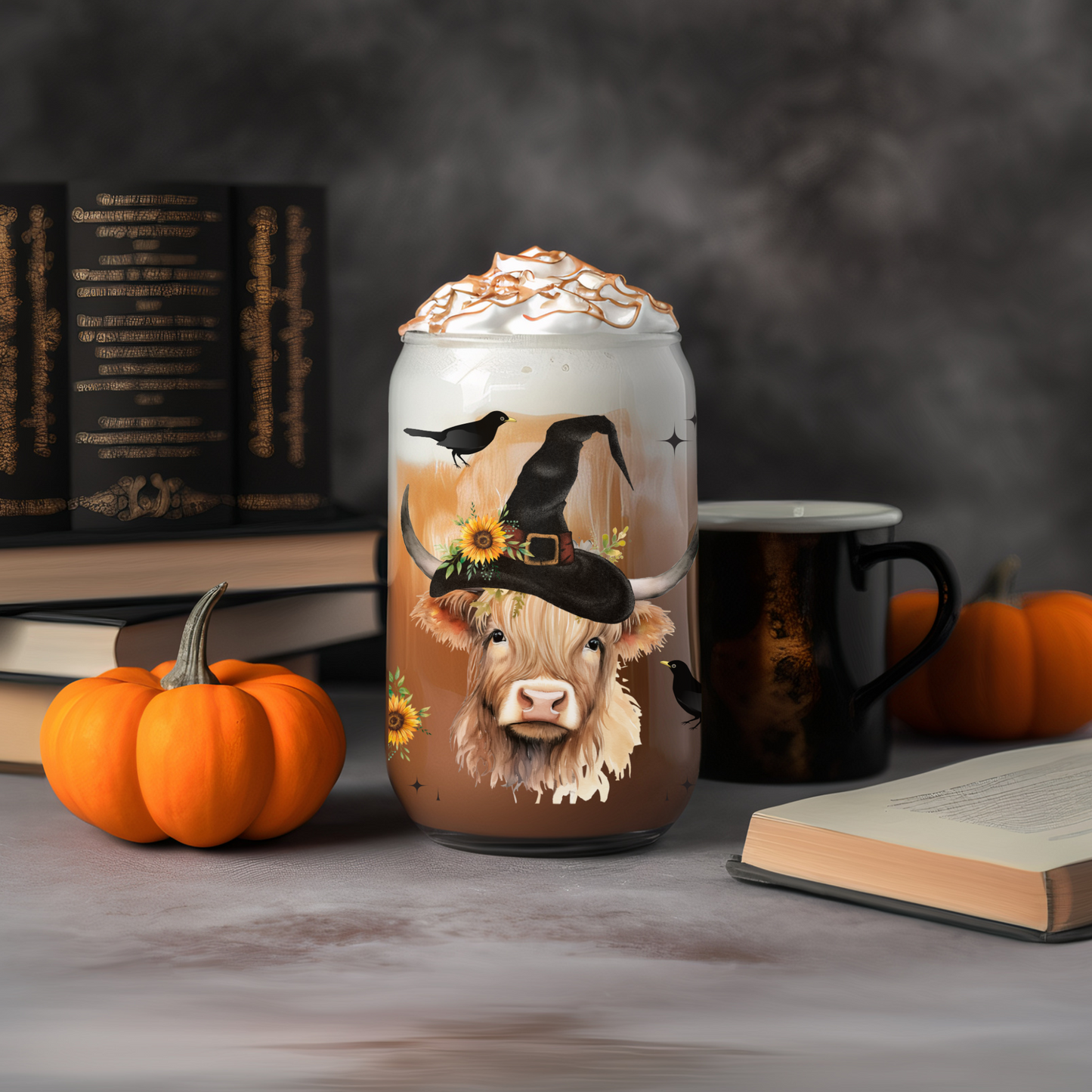 Glass Can- Witchy Highland Cow & Pumpkins