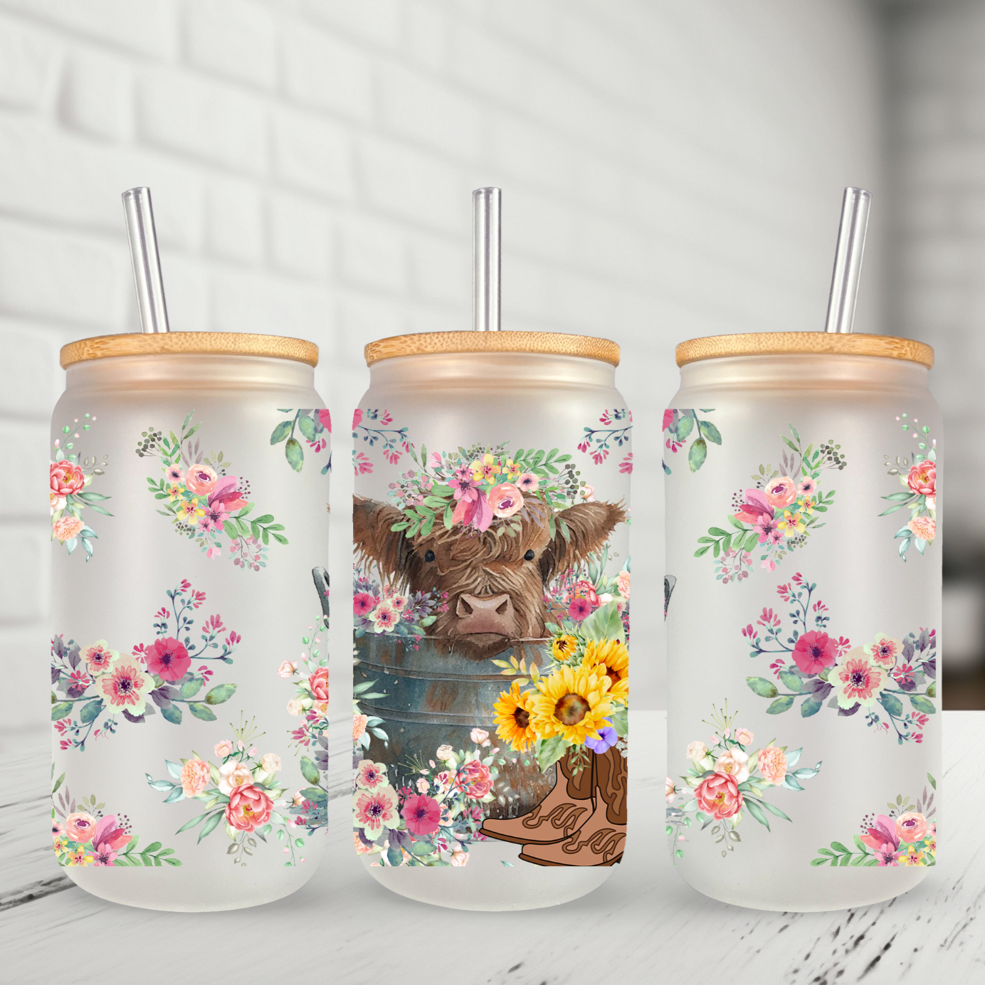 Glass Can- Country Cow in Bucket & Florals