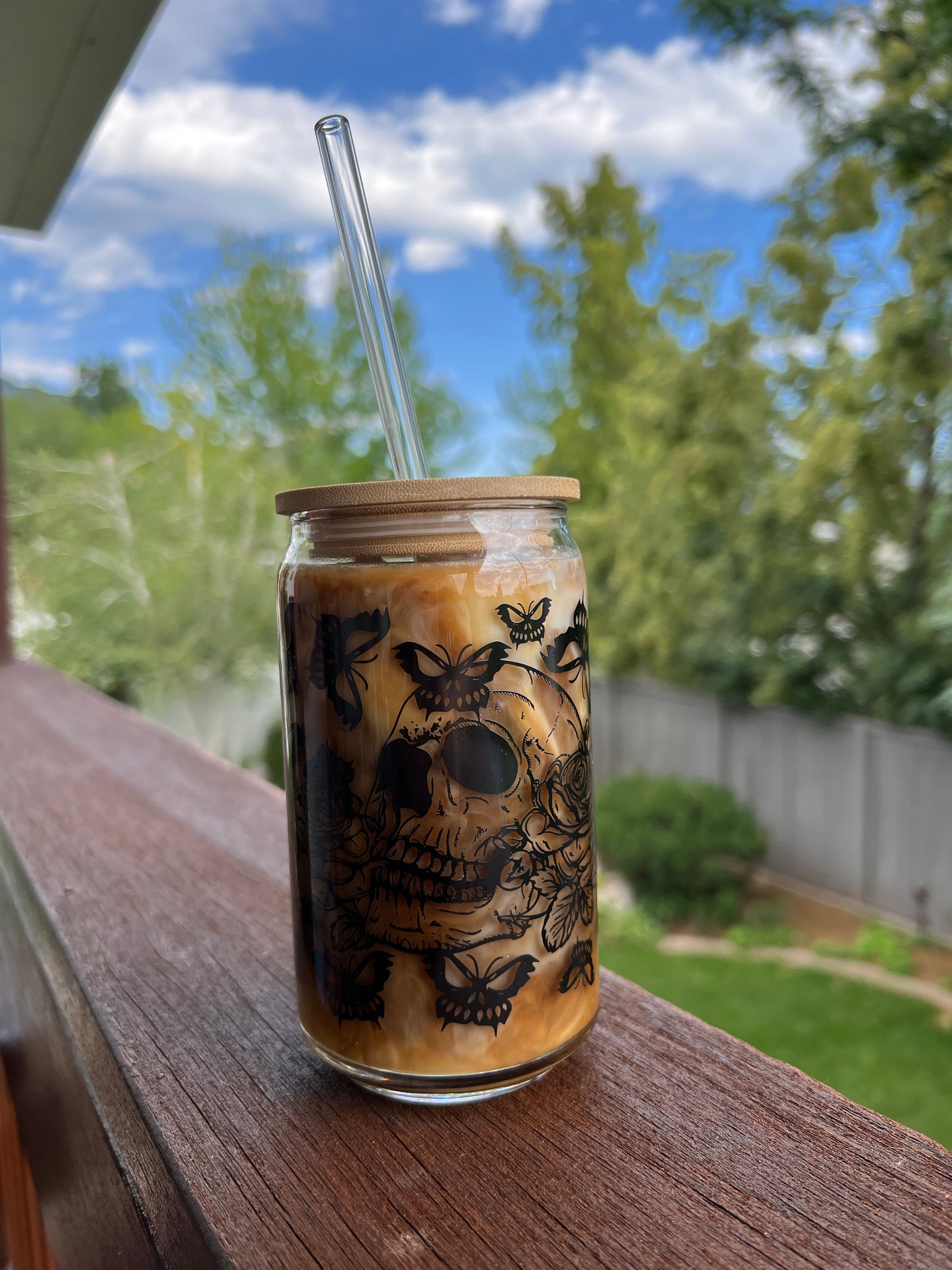 Glass Can- Skull & Butterflies