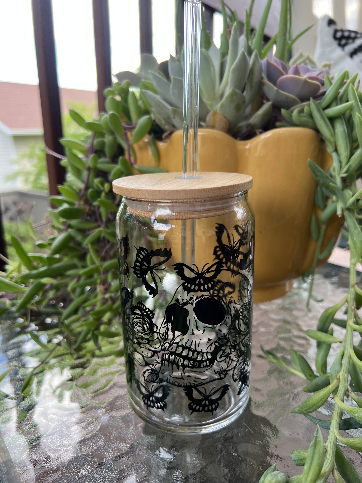 Glass Can- Skull & Butterflies