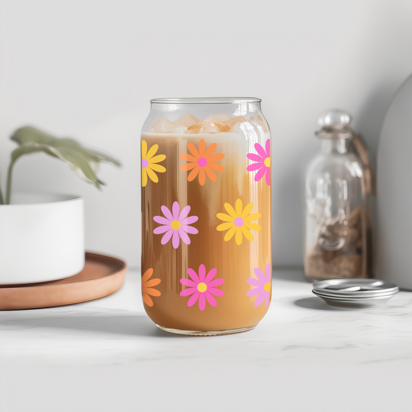 Glass Can- Tropical Summer Daisies