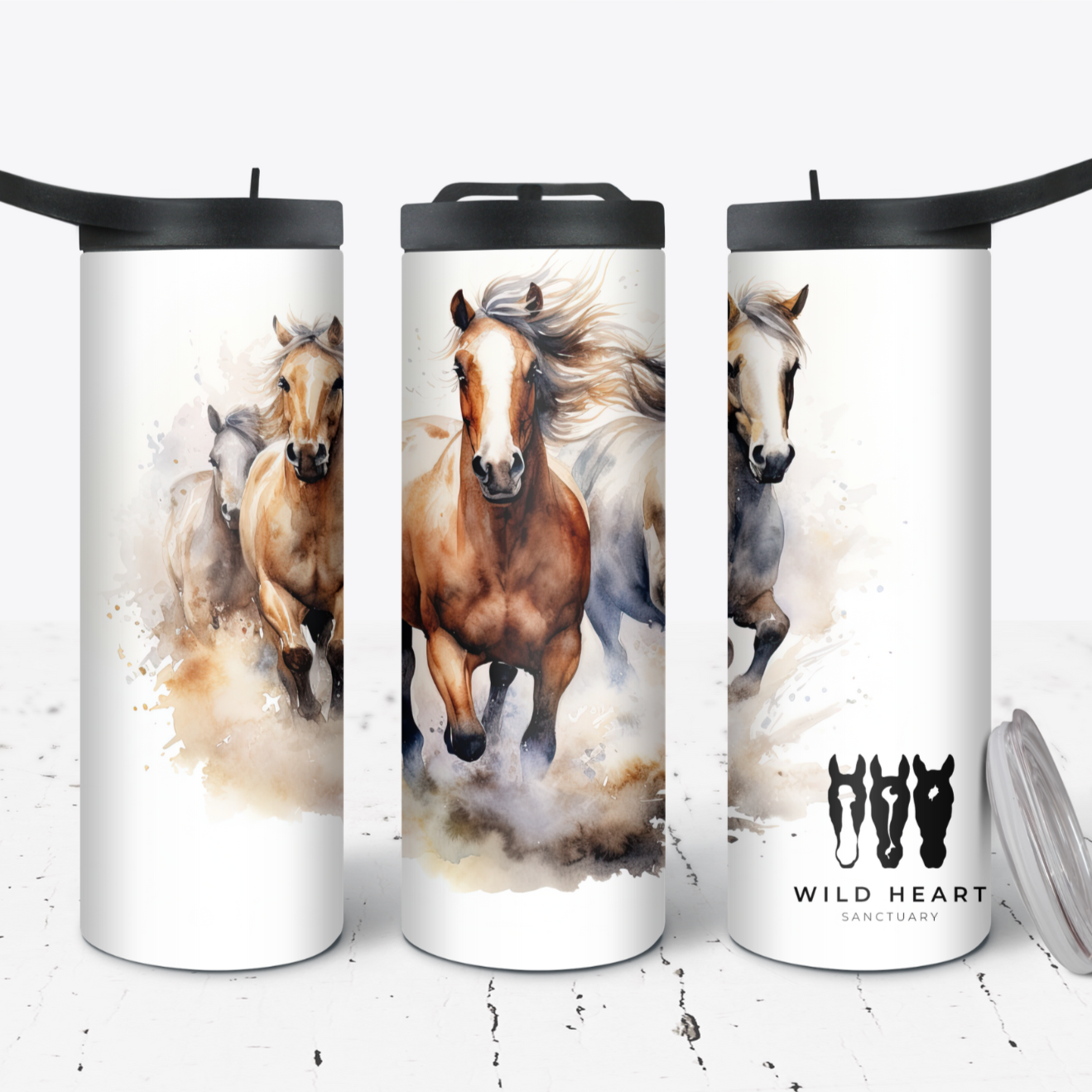 Hydration Duo Bottle 25oz Duo Skinny Tumbler- Watercolor horses-Wild Heart Sanctuary