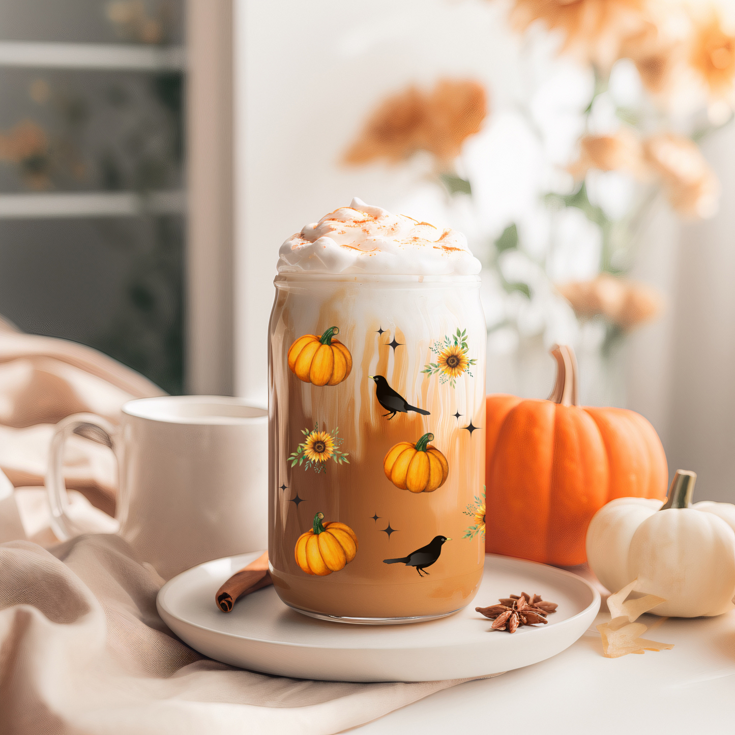 Glass Can- Witchy Highland Cow & Pumpkins