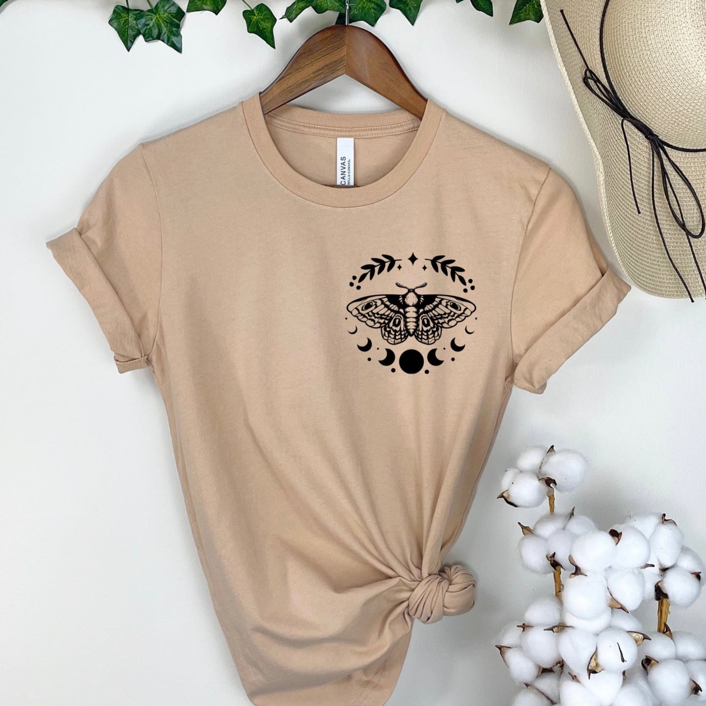 Teeshirt- Boho Moth and moon phase small logo