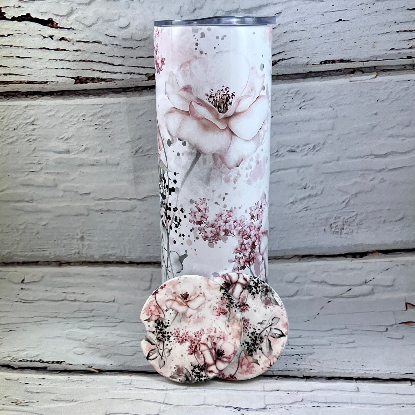 Gift Set - Soft Pink and Black  floral 20 oz Tumbler and a pair of matching ceramic car coasters