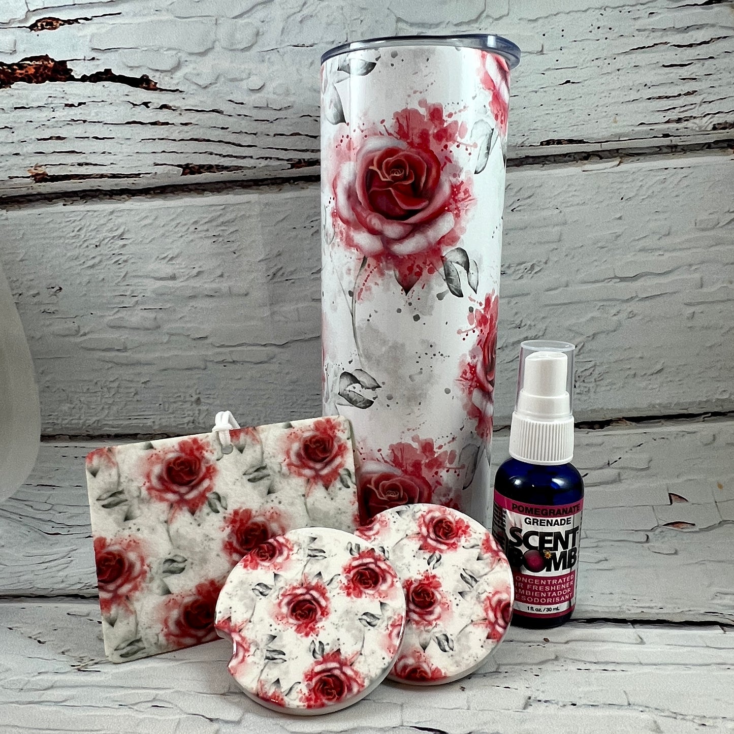 Mega Gift Set - Roses are Red 20 oz Tumbler, pair of matching ceramic car coasters & air freshener