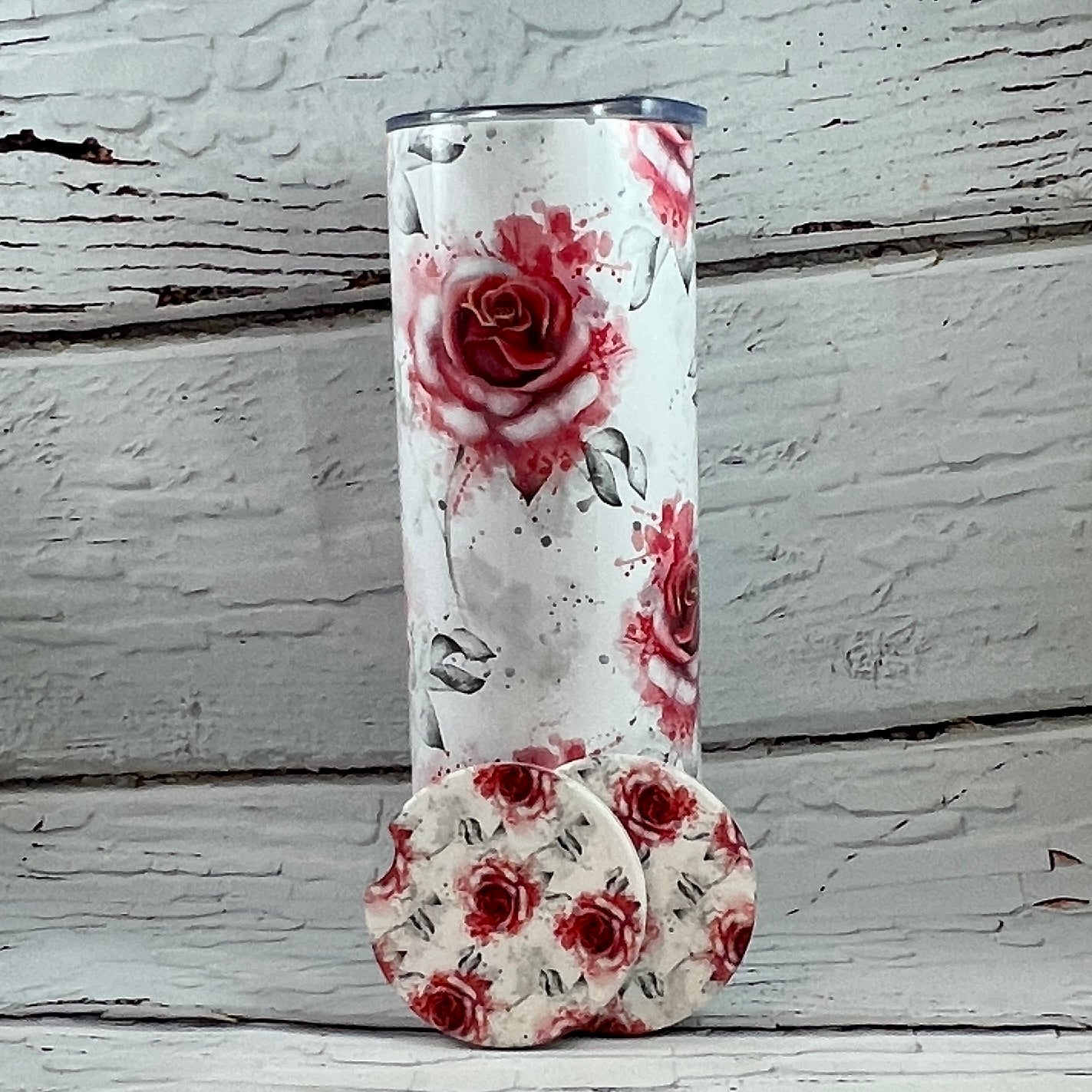 Mega Gift Set - Roses are Red 20 oz Tumbler, pair of matching ceramic car coasters & air freshener