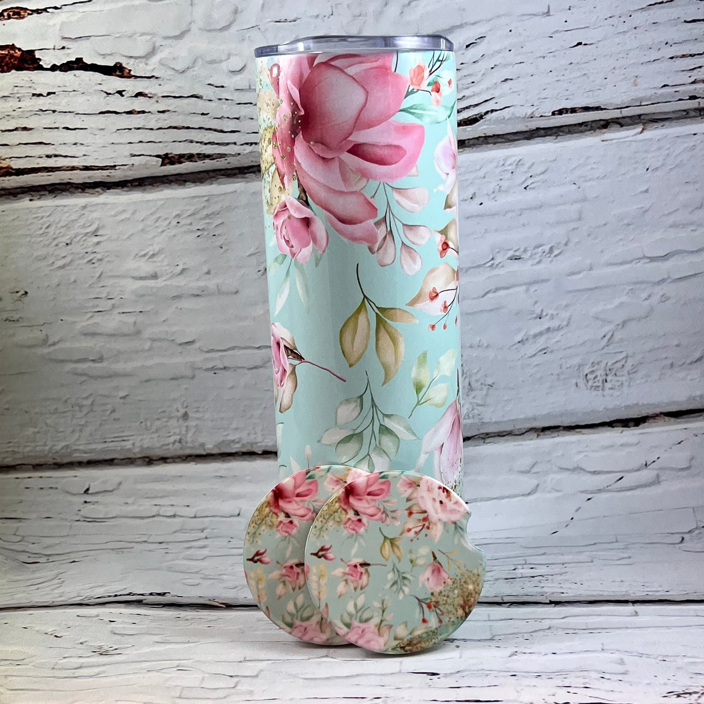 Gift Set - Mint Floral Garden 20 oz Tumbler and a pair of matching ceramic car coasters