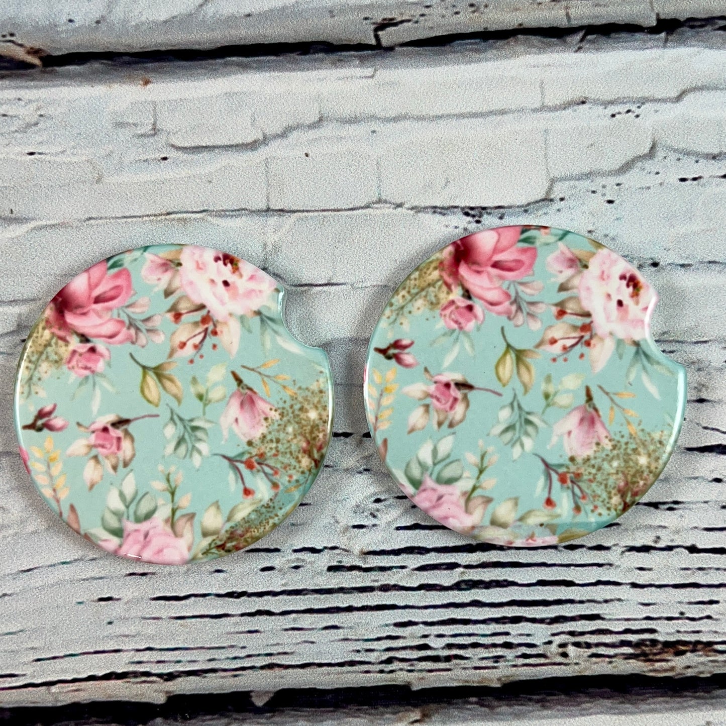 Ceramic car coaster set Mint floral garden