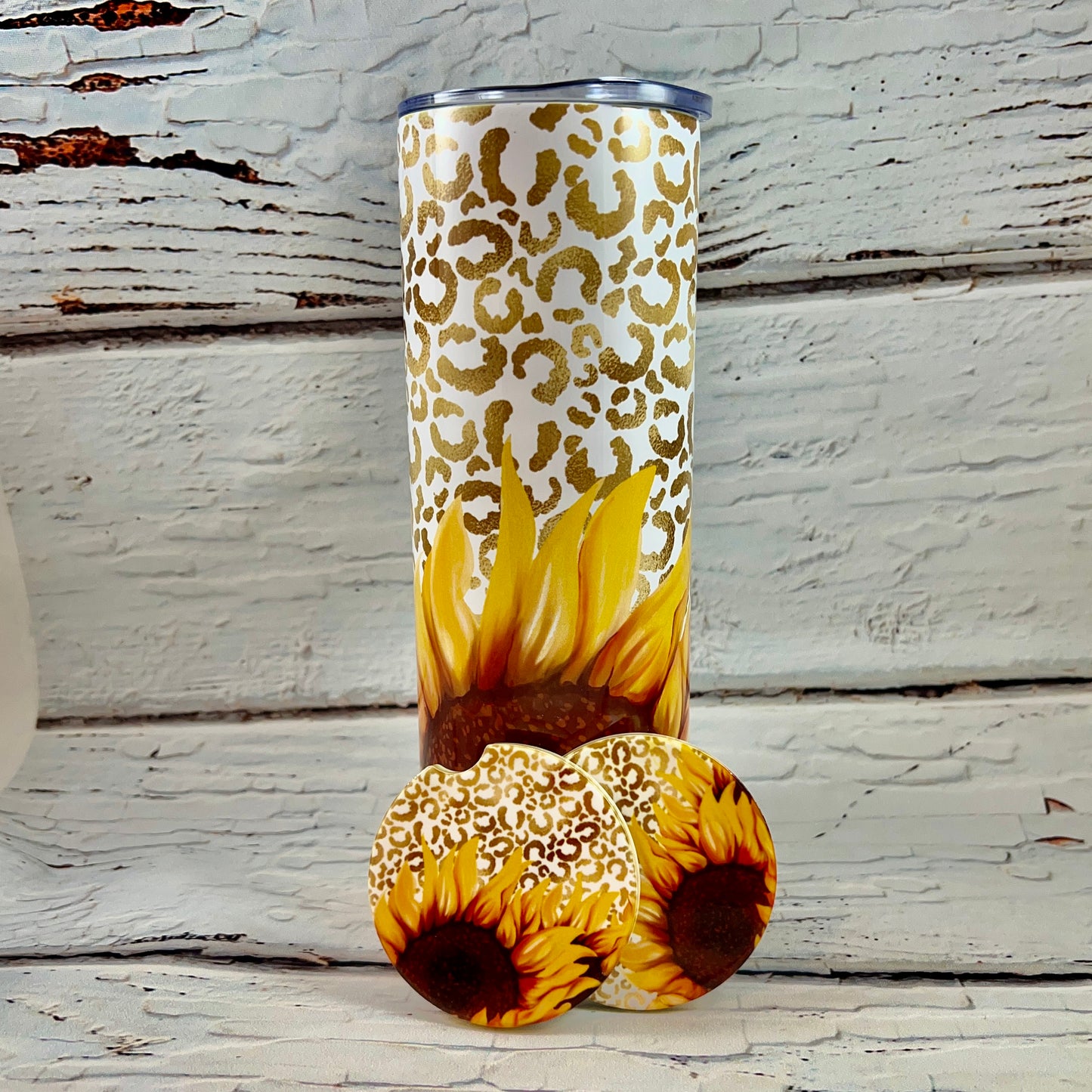 Gift Set - Gold Leopard & Sunflowers 20 oz Tumbler and a pair of matching ceramic car coasters