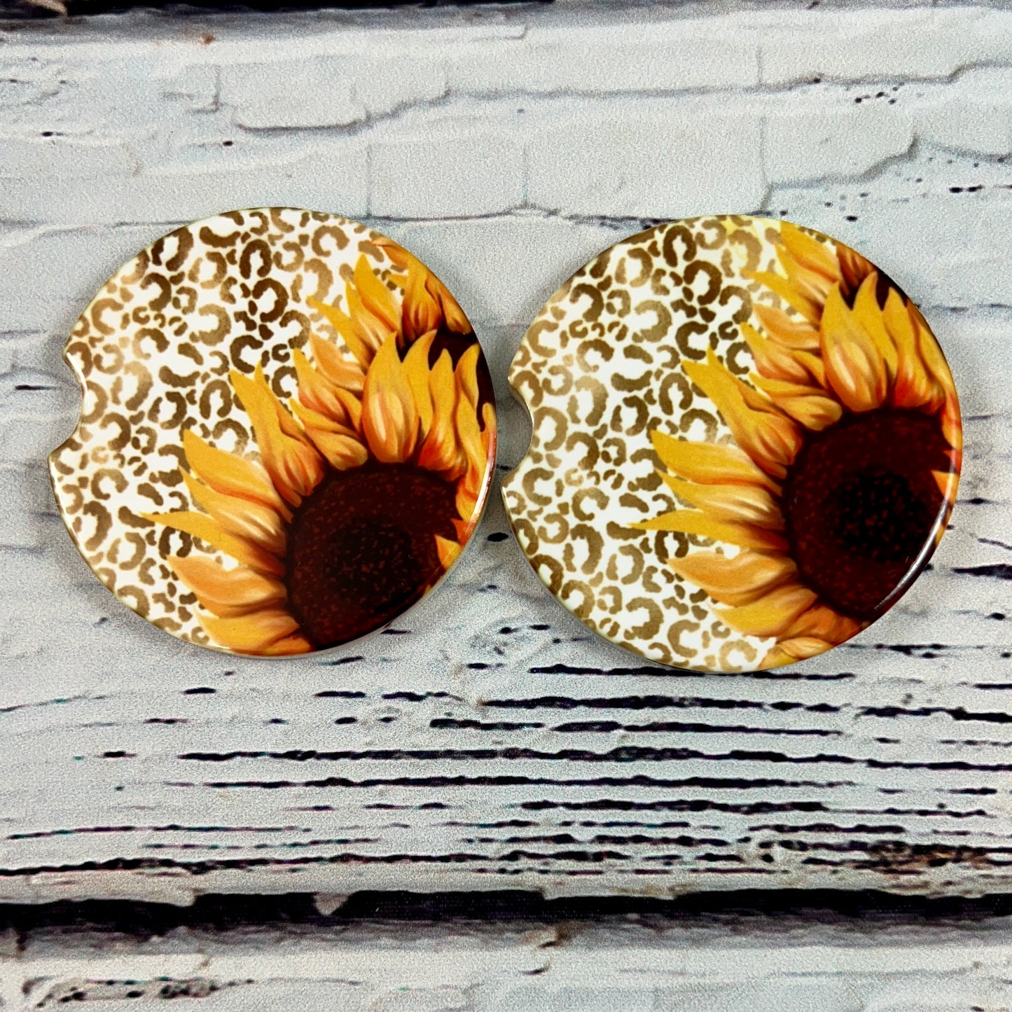 Ceramic car coaster set Leopard Sunflowers