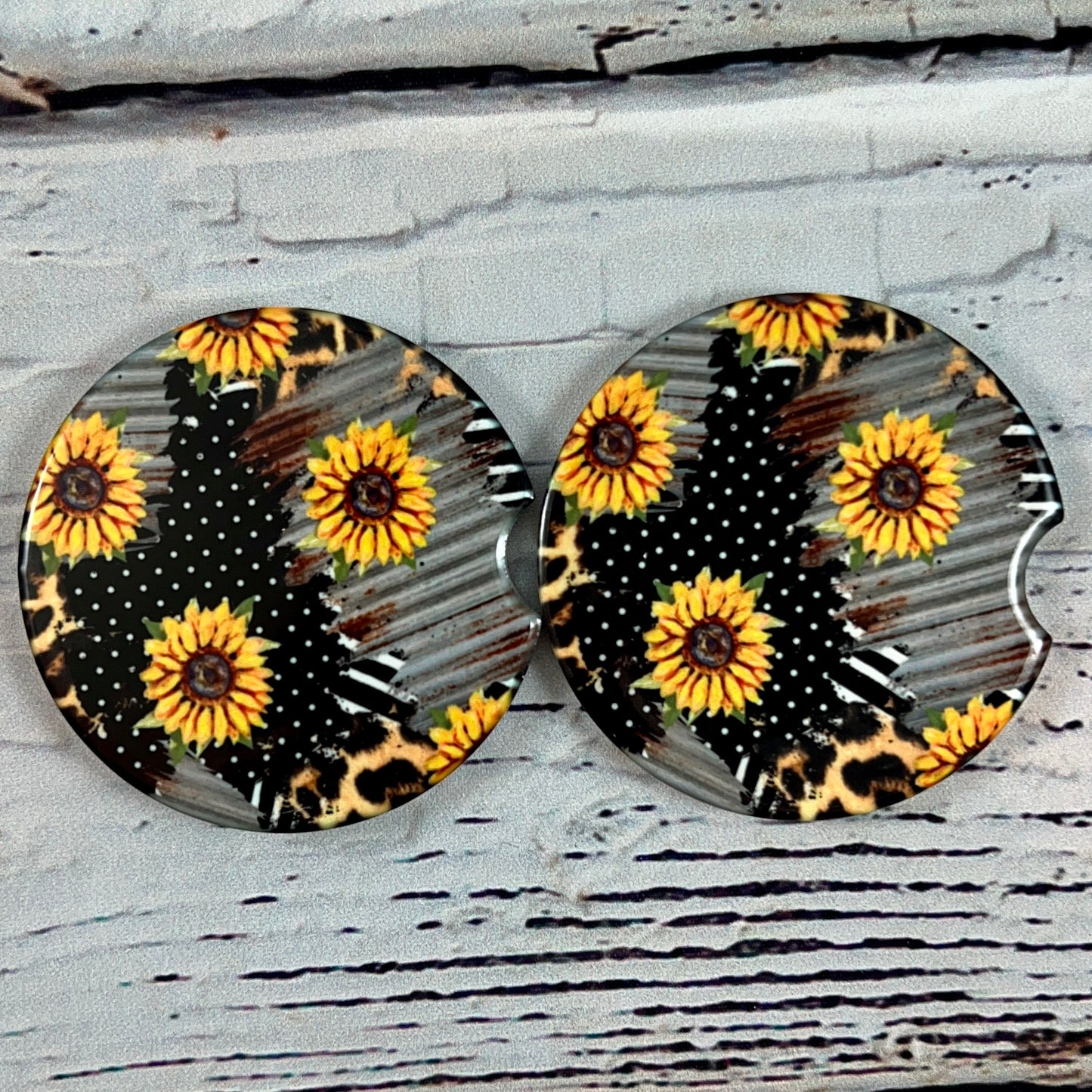 Ceramic car coaster set Rustic tin & Sunflowers