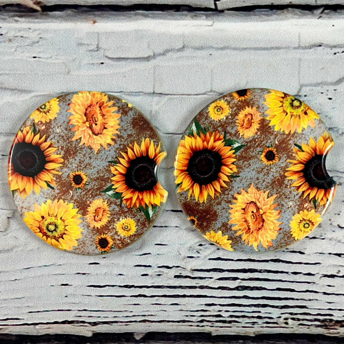 Ceramic car coaster set Rustic Sunflowers