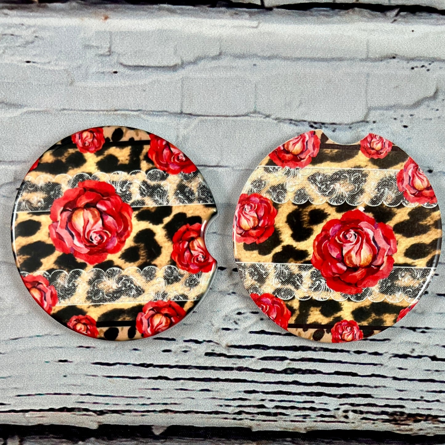 Ceramic car coaster set Lace, roses and Leopard