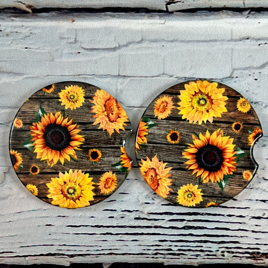 Ceramic Car Coaster Set - Wood & Sunflower