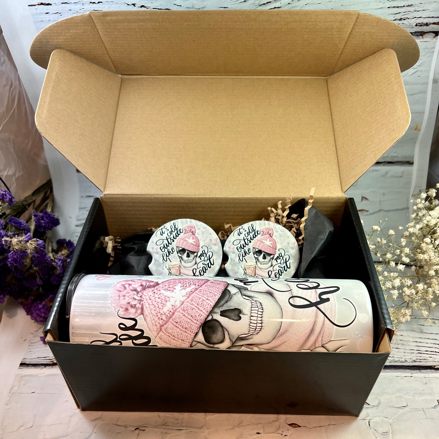 Gift Set - It's cold outside like my heart 20 oz Tumbler and a pair of matching ceramic car coasters